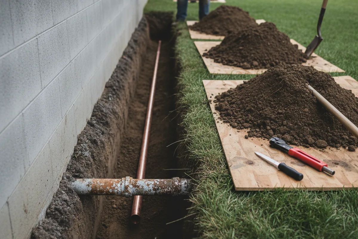 Excavated water line trench during Water Softener Installation in Odenton